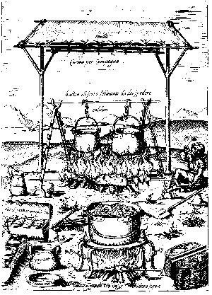 Gravure du XV� si�cle montrant une cuisine de camp